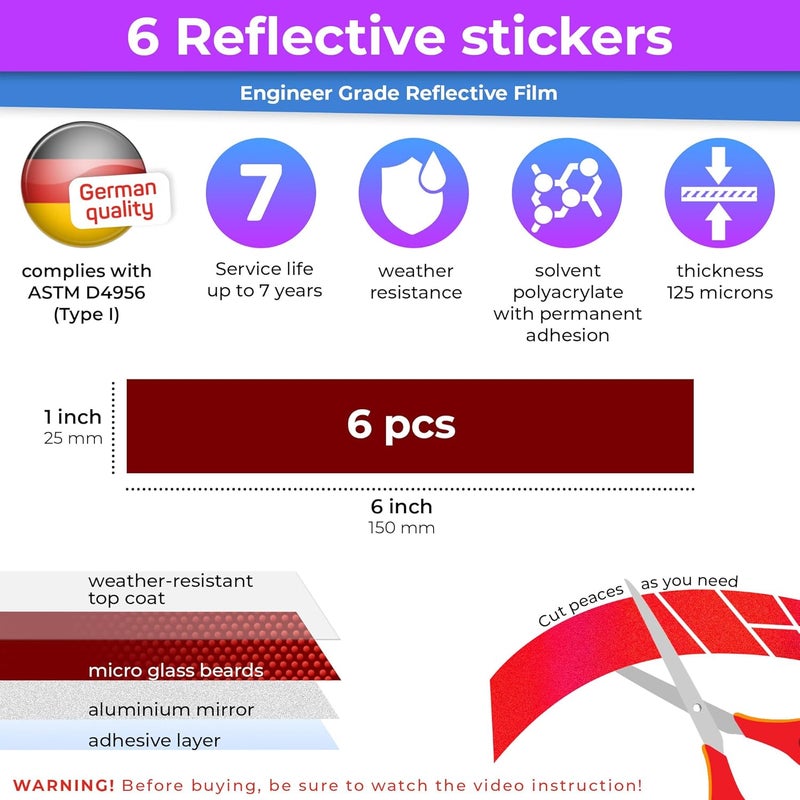 Loom Reflective Stickers for Helmet | 6pcs Engineer red | Similar to 3M Reflective Tape | Bike Reflectors for Night Riding, Mailbox reflectors | Waterproof hi vis Decals for Car, Trailer - Image 3